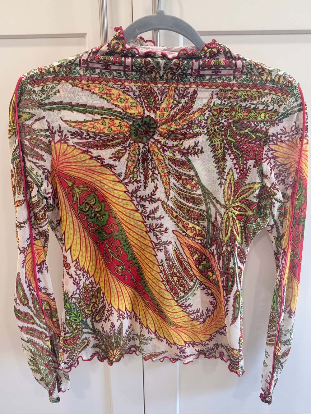 ANAC Korean Y2K Paisley Mesh Top Women’s L Sheer Long Sleeve Lettuce Hem